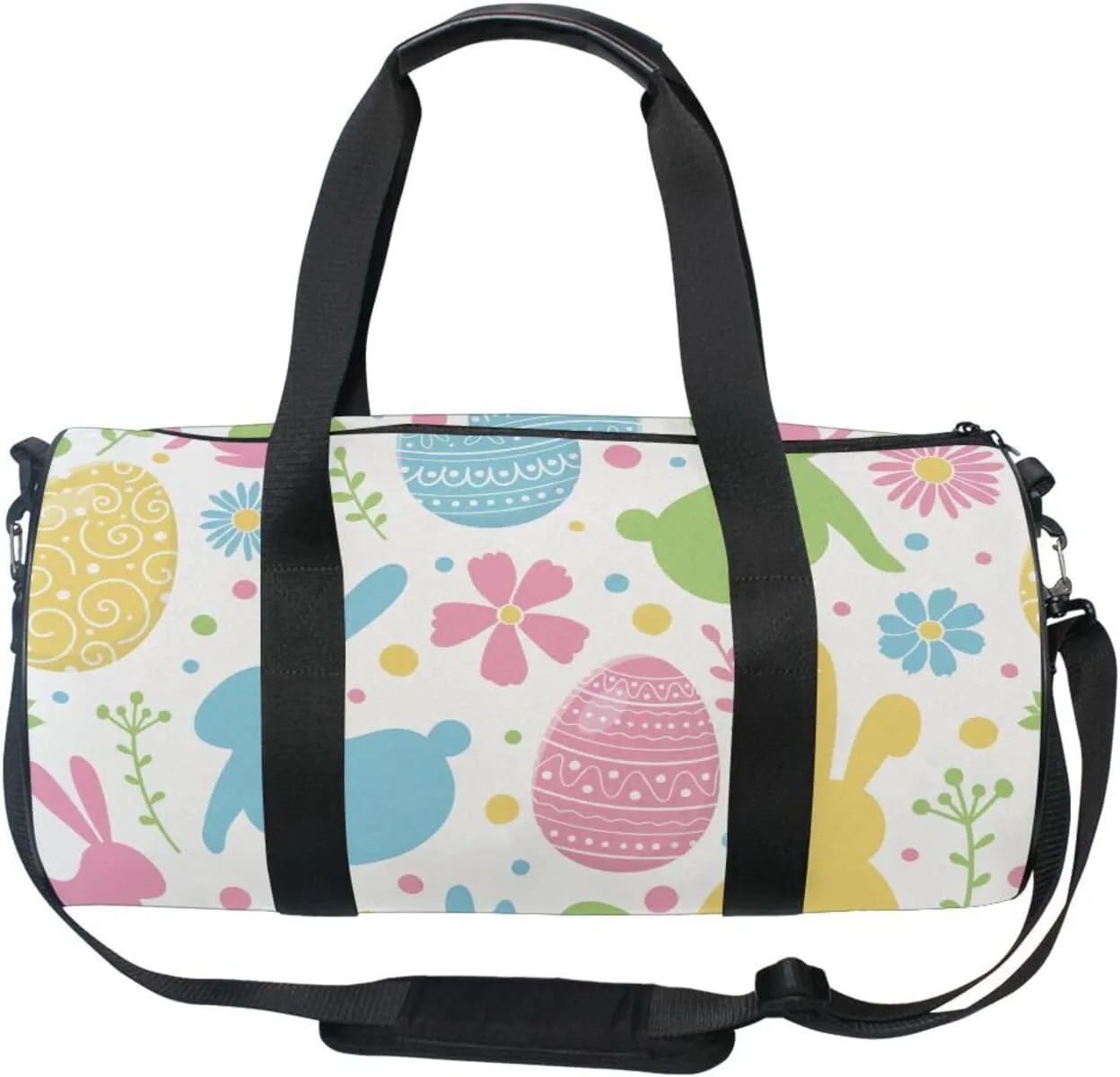 Colorful Easter Day Ethnic Tribal Eggs, Bunnies Flowers on White Portable Gym Bag, Travel Bag, Luggage bag, Sports Bag, Toiletry Bag with Handles, Detachable Shoulder Strap 17.6 x 9 x 9 inch