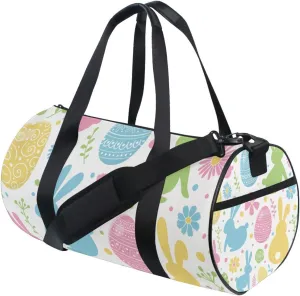 Colorful Easter Day Ethnic Tribal Eggs, Bunnies Flowers on White Portable Gym Bag, Travel Bag, Luggage bag, Sports Bag, Toiletry Bag with Handles, Detachable Shoulder Strap 17.6 x 9 x 9 inch