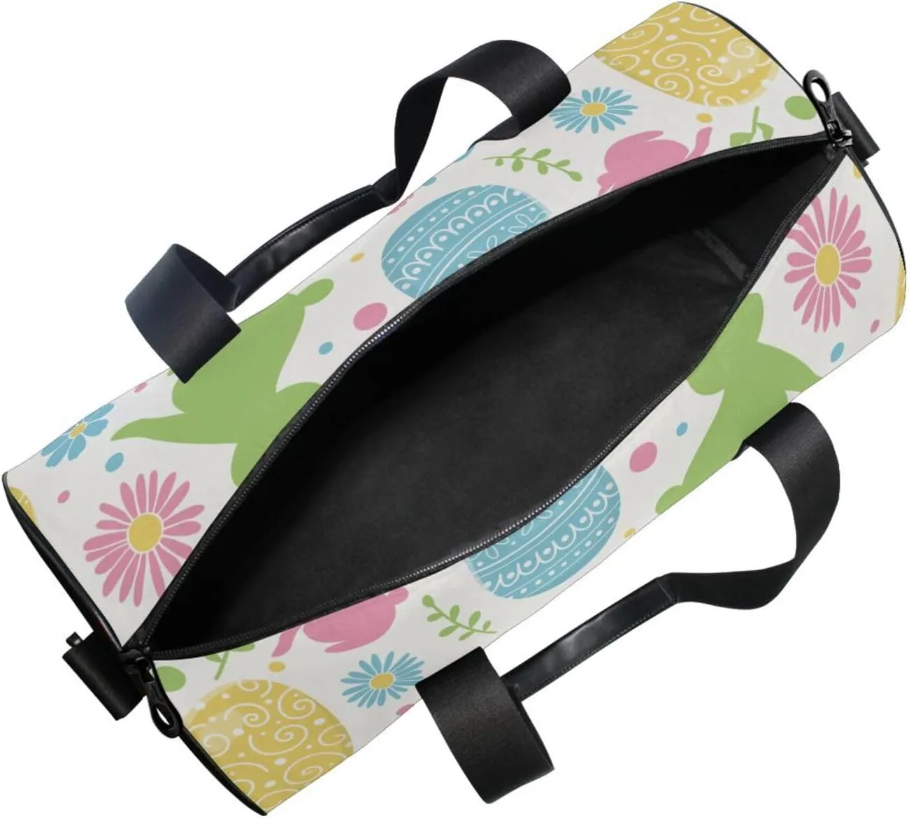 Colorful Easter Day Ethnic Tribal Eggs, Bunnies Flowers on White Portable Gym Bag, Travel Bag, Luggage bag, Sports Bag, Toiletry Bag with Handles, Detachable Shoulder Strap 17.6 x 9 x 9 inch