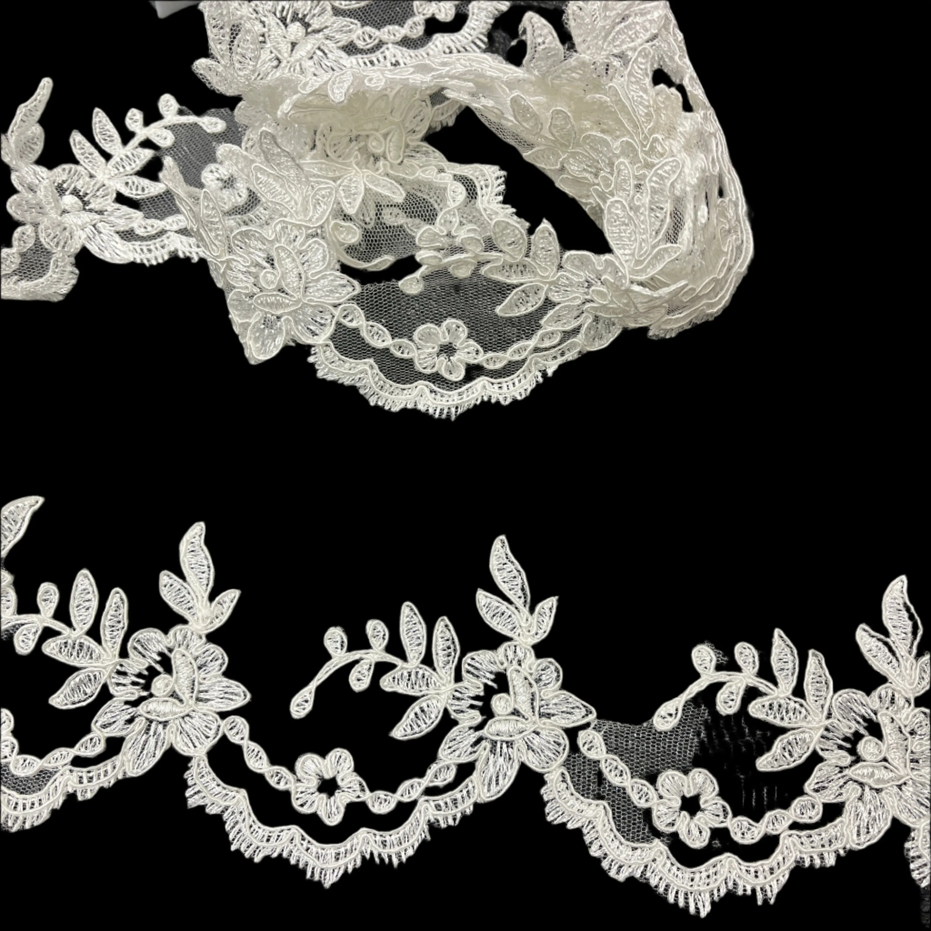 Corded Lace Trimming Embroidered on 100% Polyester Net Mesh | Lace USA - 96665W/1