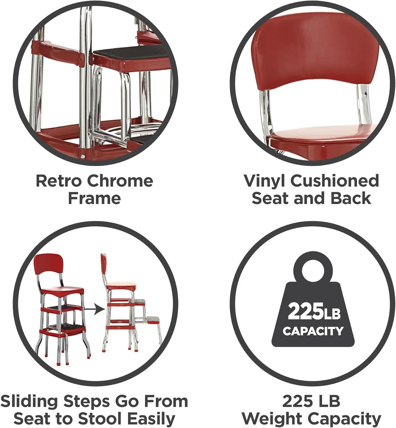 COSCO Stylaire Retro Chair   2-Step Step Stool with Pull-Out Steps, 7 Ft. 11in Max Reach, 200 lb Weight Capacity, Steel and Vinyl (Red, one pack)