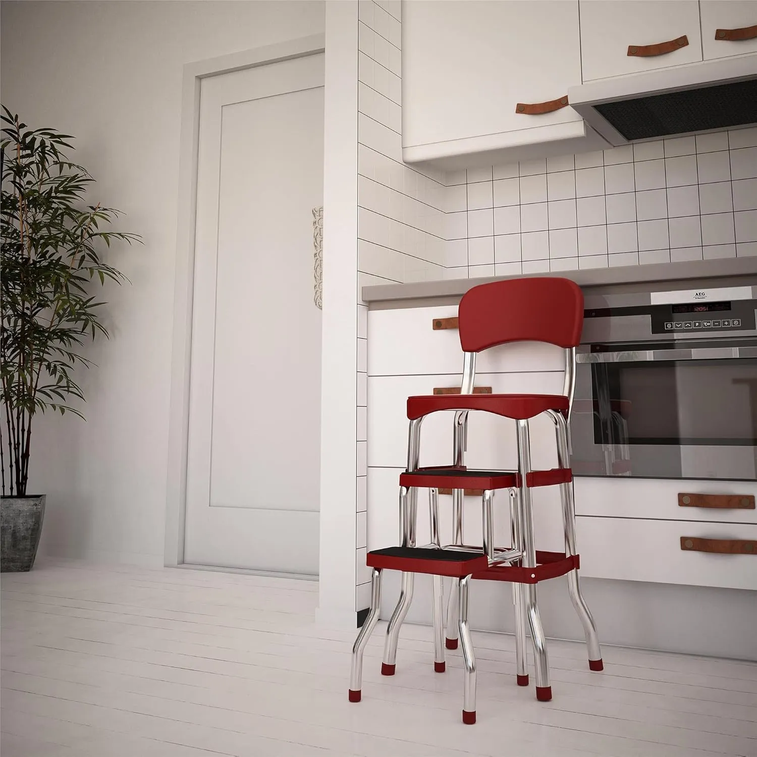 COSCO Stylaire Retro Chair   2-Step Step Stool with Pull-Out Steps, 7 Ft. 11in Max Reach, 200 lb Weight Capacity, Steel and Vinyl (Red, one pack)