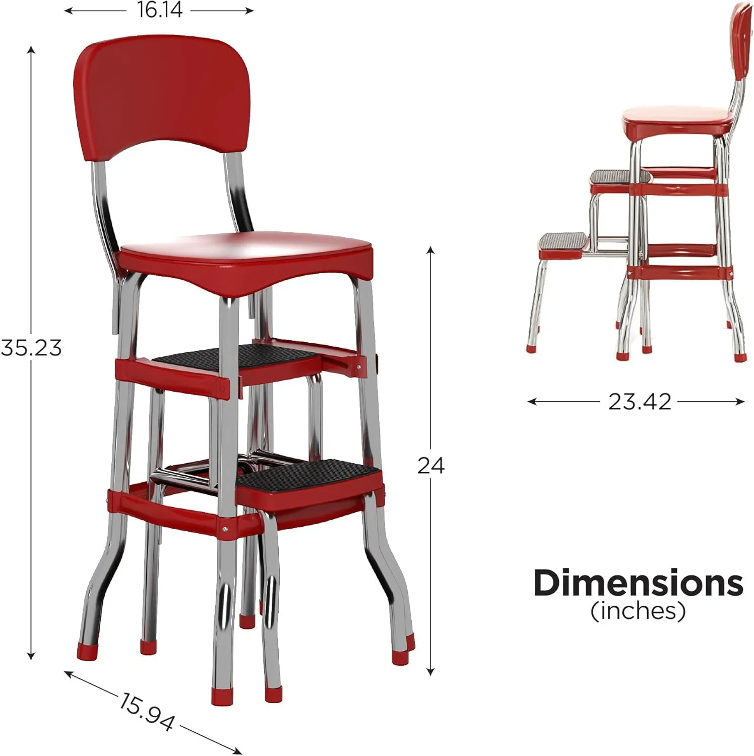 COSCO Stylaire Retro Chair   2-Step Step Stool with Pull-Out Steps, 7 Ft. 11in Max Reach, 200 lb Weight Capacity, Steel and Vinyl (Red, one pack)