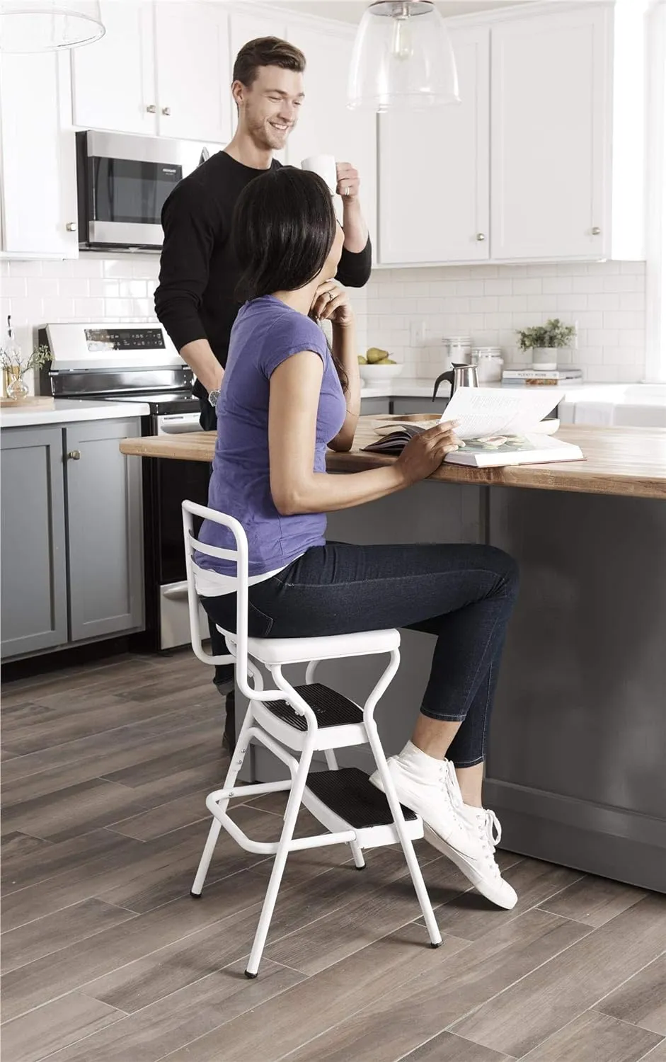COSCO Stylaire Retro Chair   Step Stool with Flip-Up Vinyl Seat, White