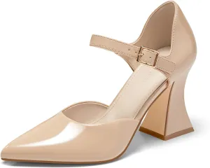 Coutgo Womens Chunky High Heels Closed Pointed Toe Ankle Strap Pumps Cute Dress Dance Shoes