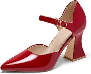 Coutgo Womens Chunky High Heels Closed Pointed Toe Ankle Strap Pumps Cute Dress Dance Shoes