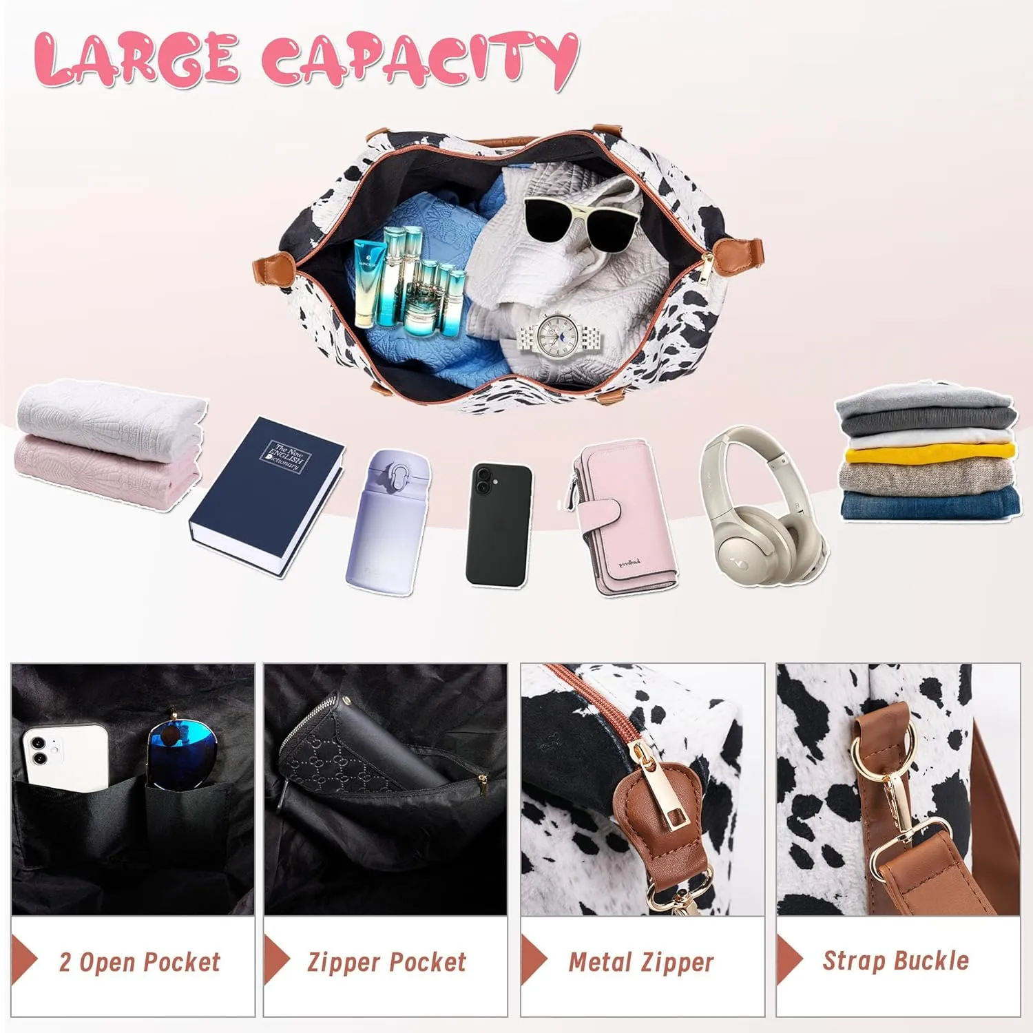 Cow Print Weekender Bag Extra Large, Stylish Duffle Bags for Travel, Surface Waterproof Carry on Travel Bag, Lightweight Overnight Hospital Bag Western Gifts for Women