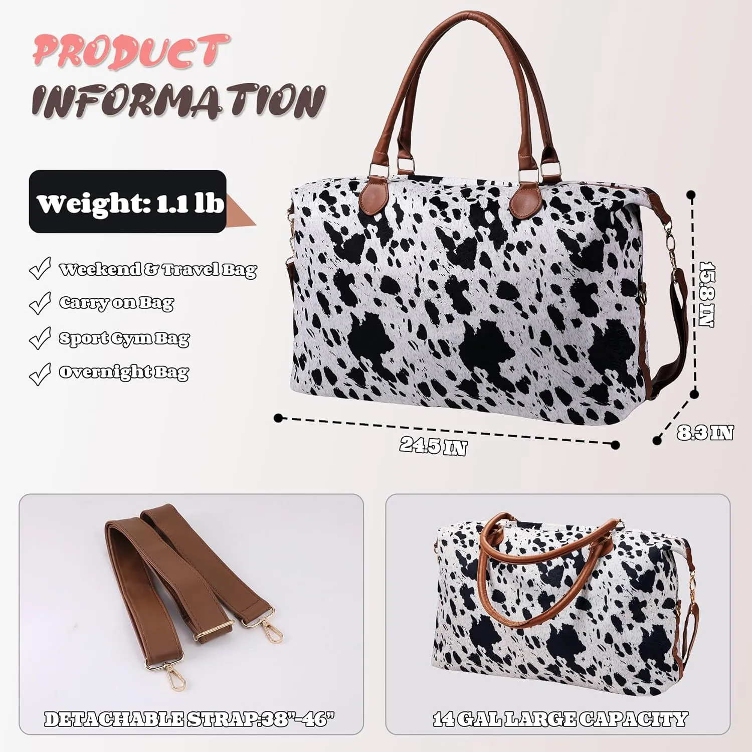 Cow Print Weekender Bag Extra Large, Stylish Duffle Bags for Travel, Surface Waterproof Carry on Travel Bag, Lightweight Overnight Hospital Bag Western Gifts for Women