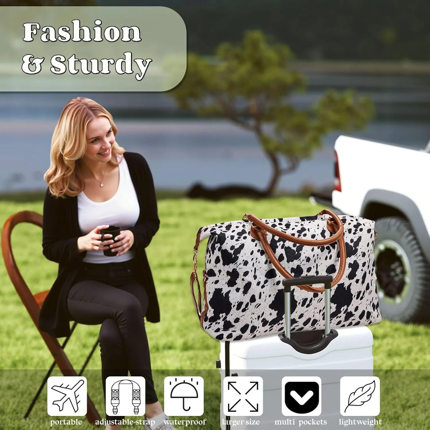 Cow Print Weekender Bag Extra Large, Stylish Duffle Bags for Travel, Surface Waterproof Carry on Travel Bag, Lightweight Overnight Hospital Bag Western Gifts for Women