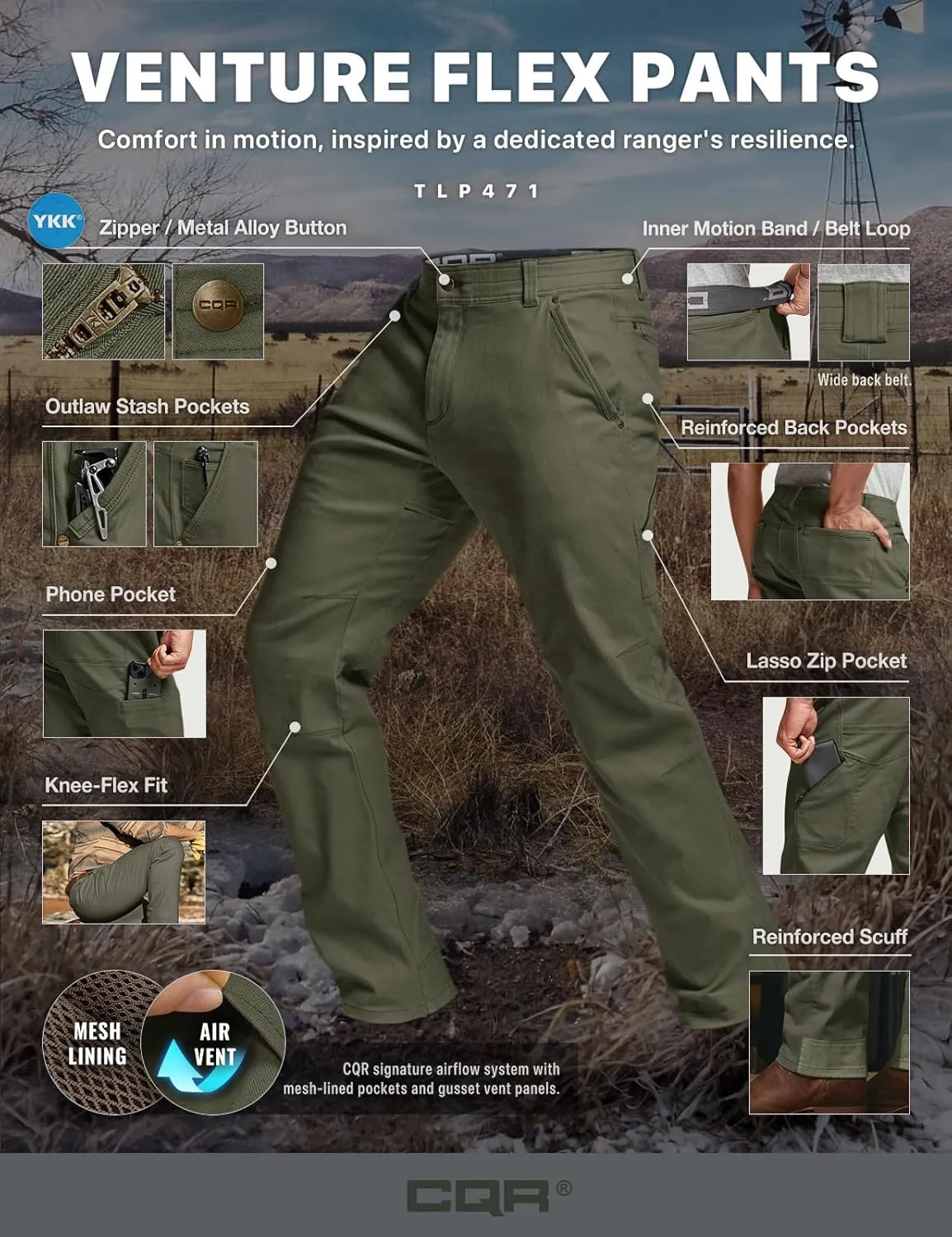 CQR Men's Motion Utility Casual Pants, Regular Fit Lightweight Work Pants, Water Resistant Outdoor Stretch Pants with Pockets