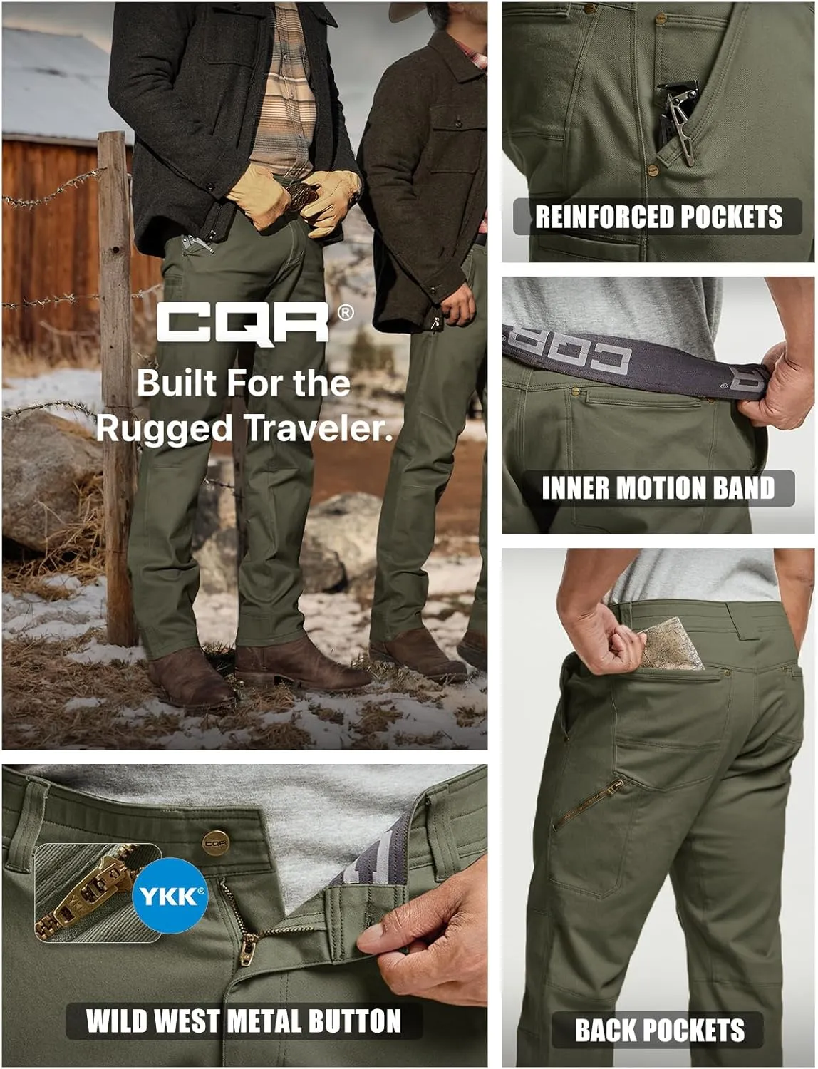 CQR Men's Motion Utility Casual Pants, Regular Fit Lightweight Work Pants, Water Resistant Outdoor Stretch Pants with Pockets