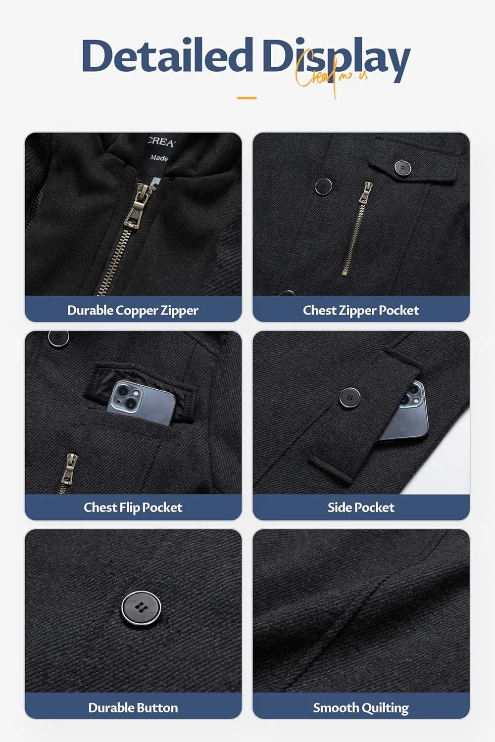 CREATMO US Men's Classic Pea Coat Wool Blend Trench Coat Windproof Business Overcoat With Detachable Hood