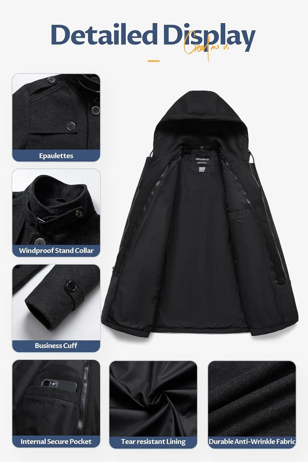CREATMO US Men's Classic Pea Coat Wool Blend Trench Coat Windproof Business Overcoat With Detachable Hood
