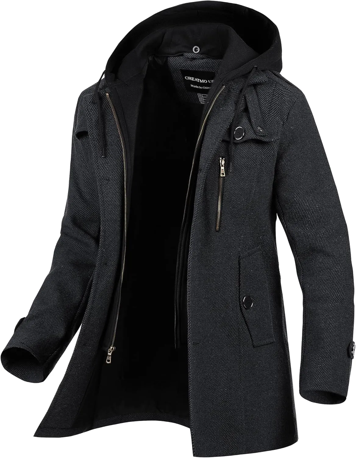 CREATMO US Men's Classic Pea Coat Wool Blend Trench Coat Windproof Business Overcoat With Detachable Hood