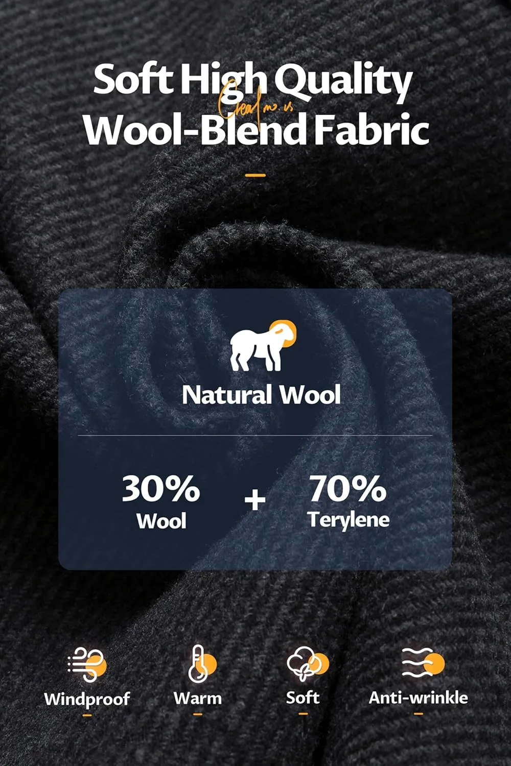 CREATMO US Men's Classic Pea Coat Wool Blend Trench Coat Windproof Business Overcoat With Detachable Hood