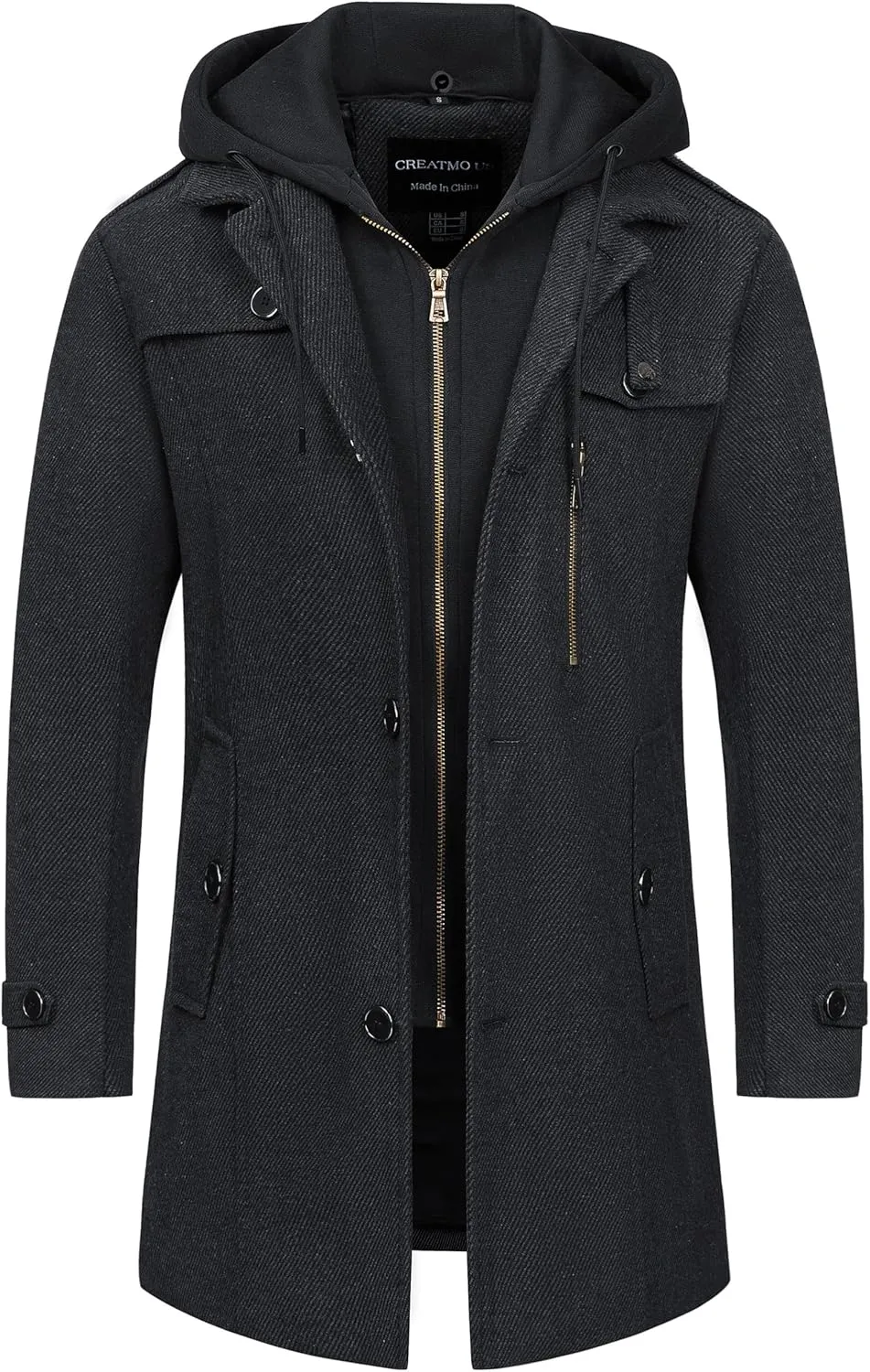 CREATMO US Men's Classic Pea Coat Wool Blend Trench Coat Windproof Business Overcoat With Detachable Hood
