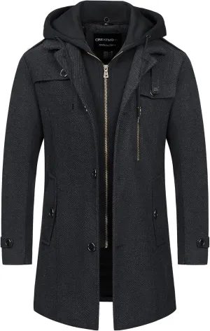 CREATMO US Men's Classic Pea Coat Wool Blend Trench Coat Windproof Business Overcoat With Detachable Hood