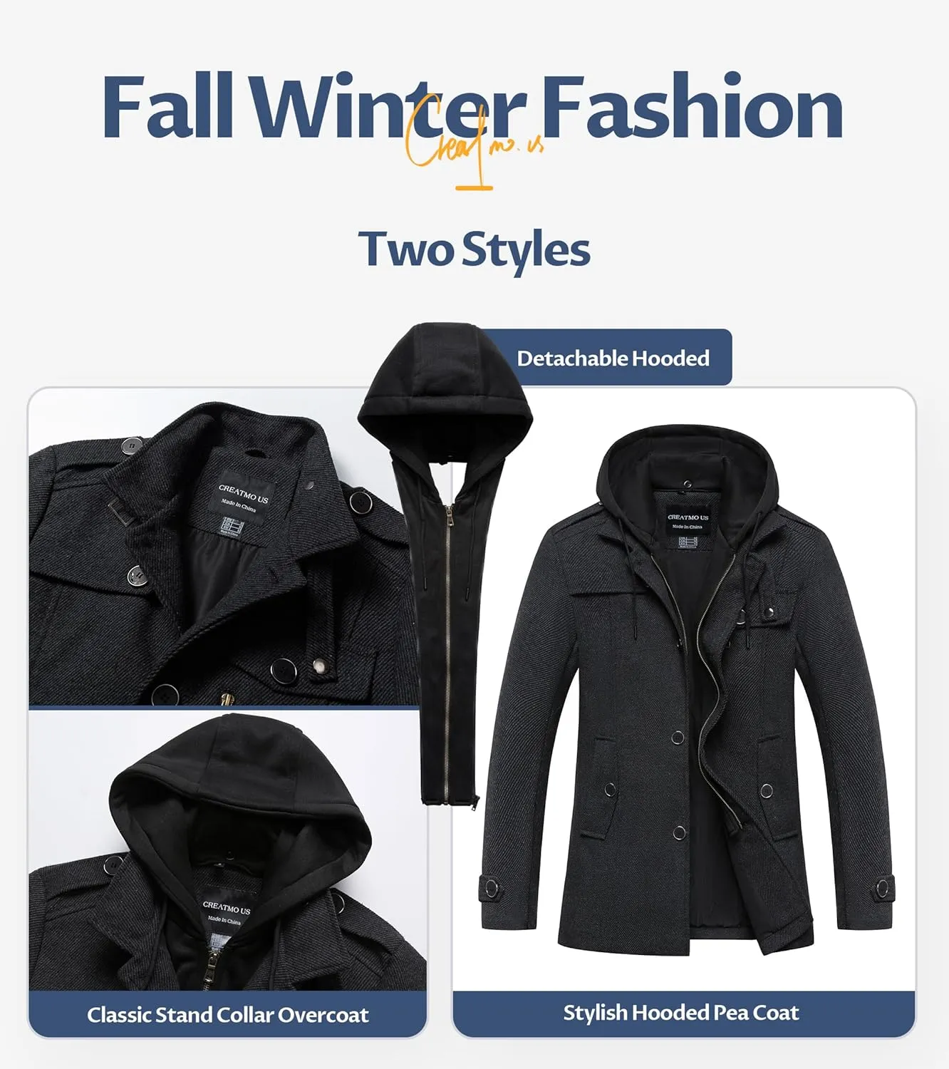 CREATMO US Men's Classic Pea Coat Wool Blend Trench Coat Windproof Business Overcoat With Detachable Hood