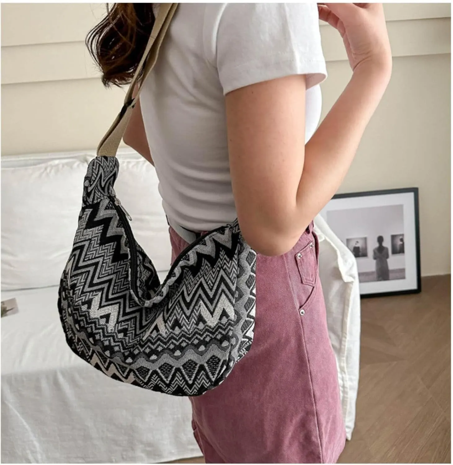 Crescent Crossbody Bag for Women, 2024 Nylon Bohemian Hobo Hippie Gothic Purse, Boho Sling Shoulder Bag for Shopping Work