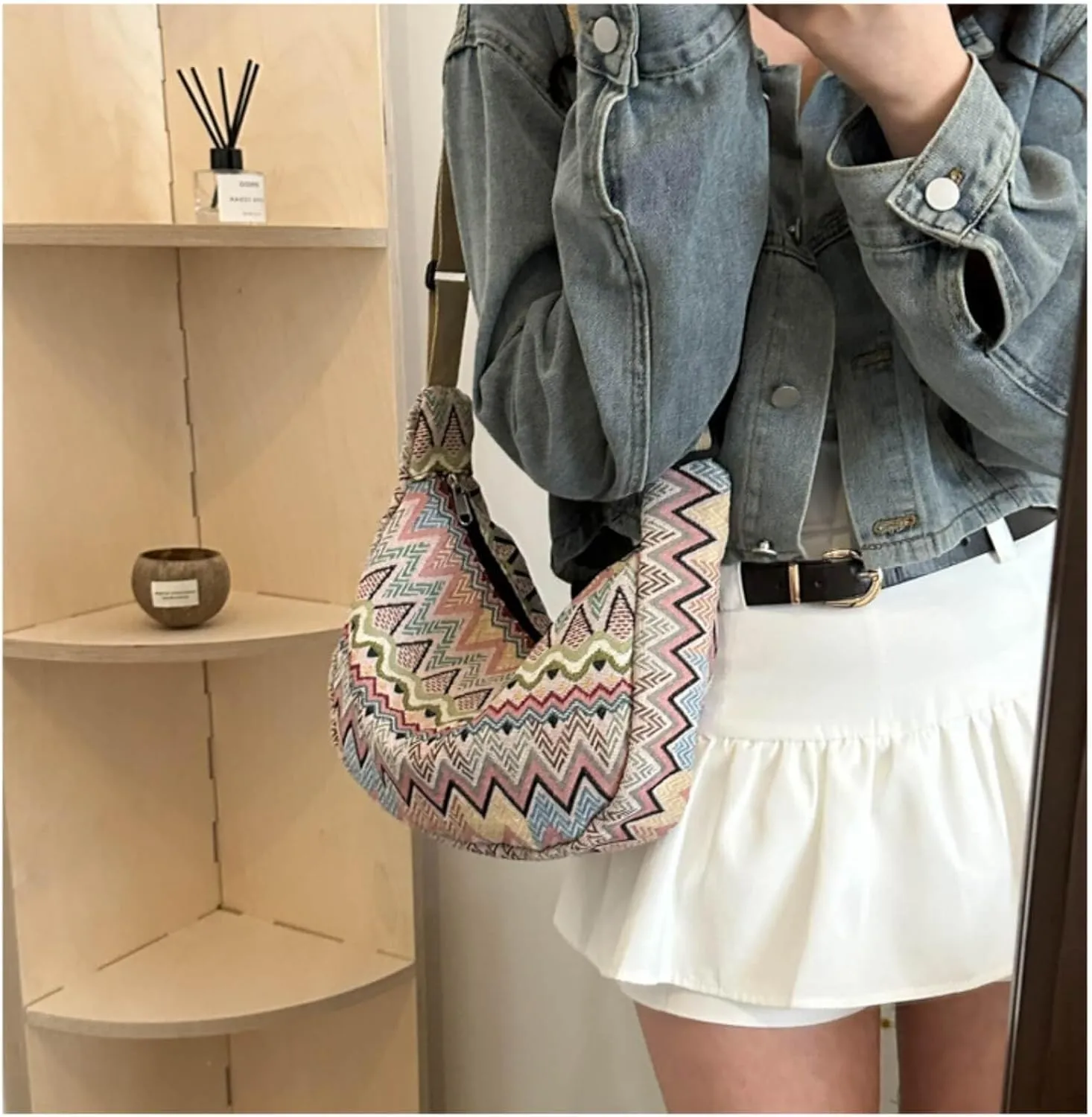 Crescent Crossbody Bag for Women, 2024 Nylon Bohemian Hobo Hippie Gothic Purse, Boho Sling Shoulder Bag for Shopping Work