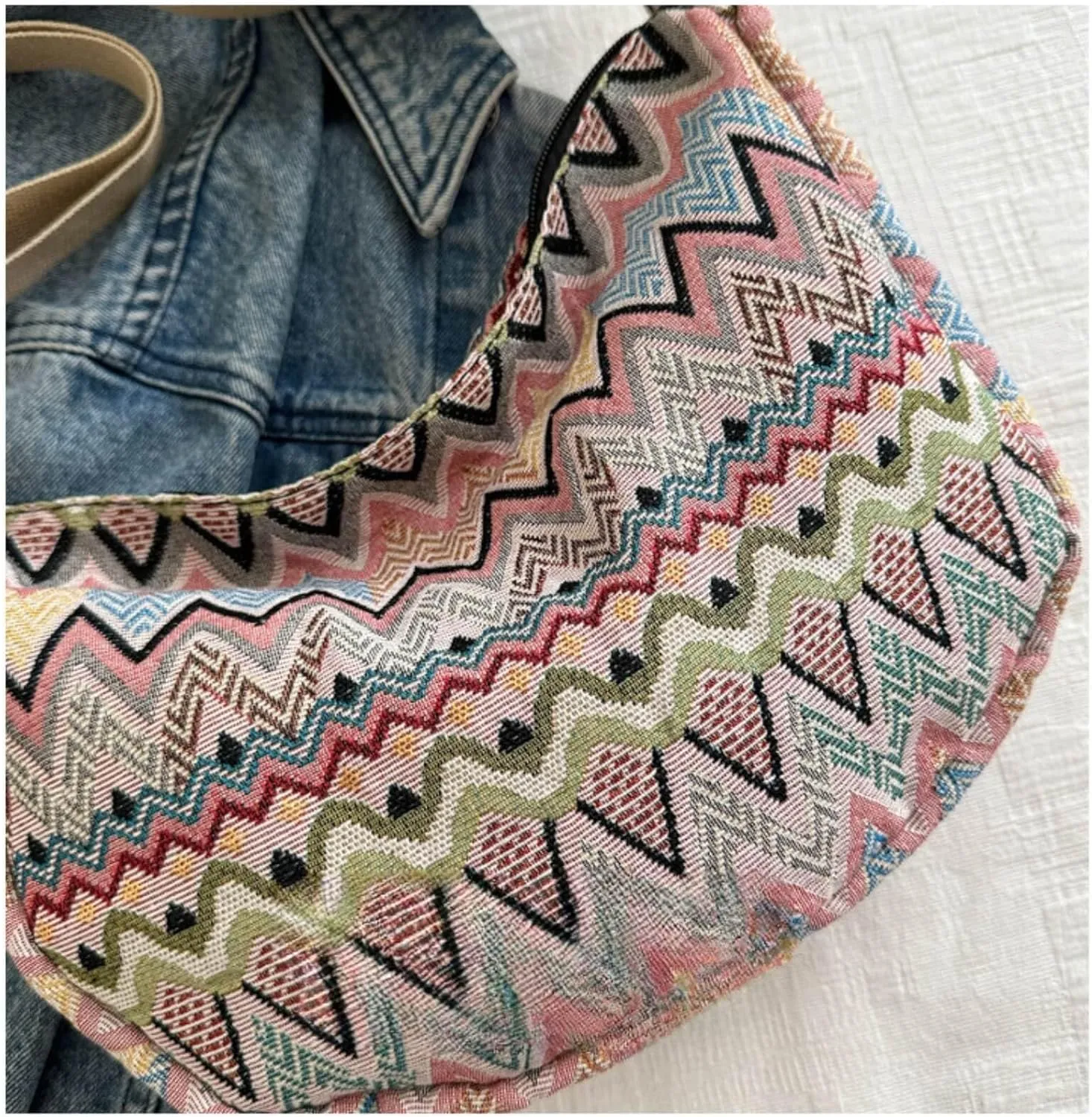 Crescent Crossbody Bag for Women, 2024 Nylon Bohemian Hobo Hippie Gothic Purse, Boho Sling Shoulder Bag for Shopping Work