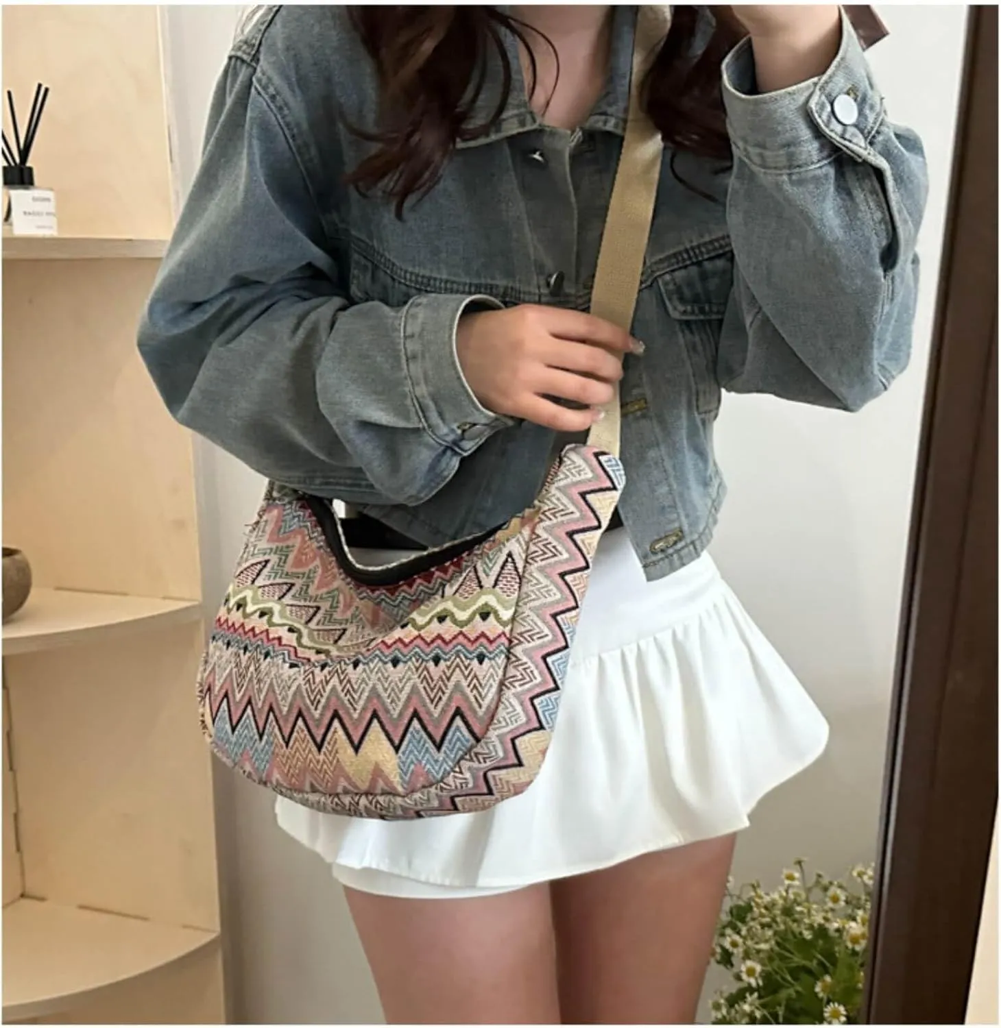 Crescent Crossbody Bag for Women, 2024 Nylon Bohemian Hobo Hippie Gothic Purse, Boho Sling Shoulder Bag for Shopping Work