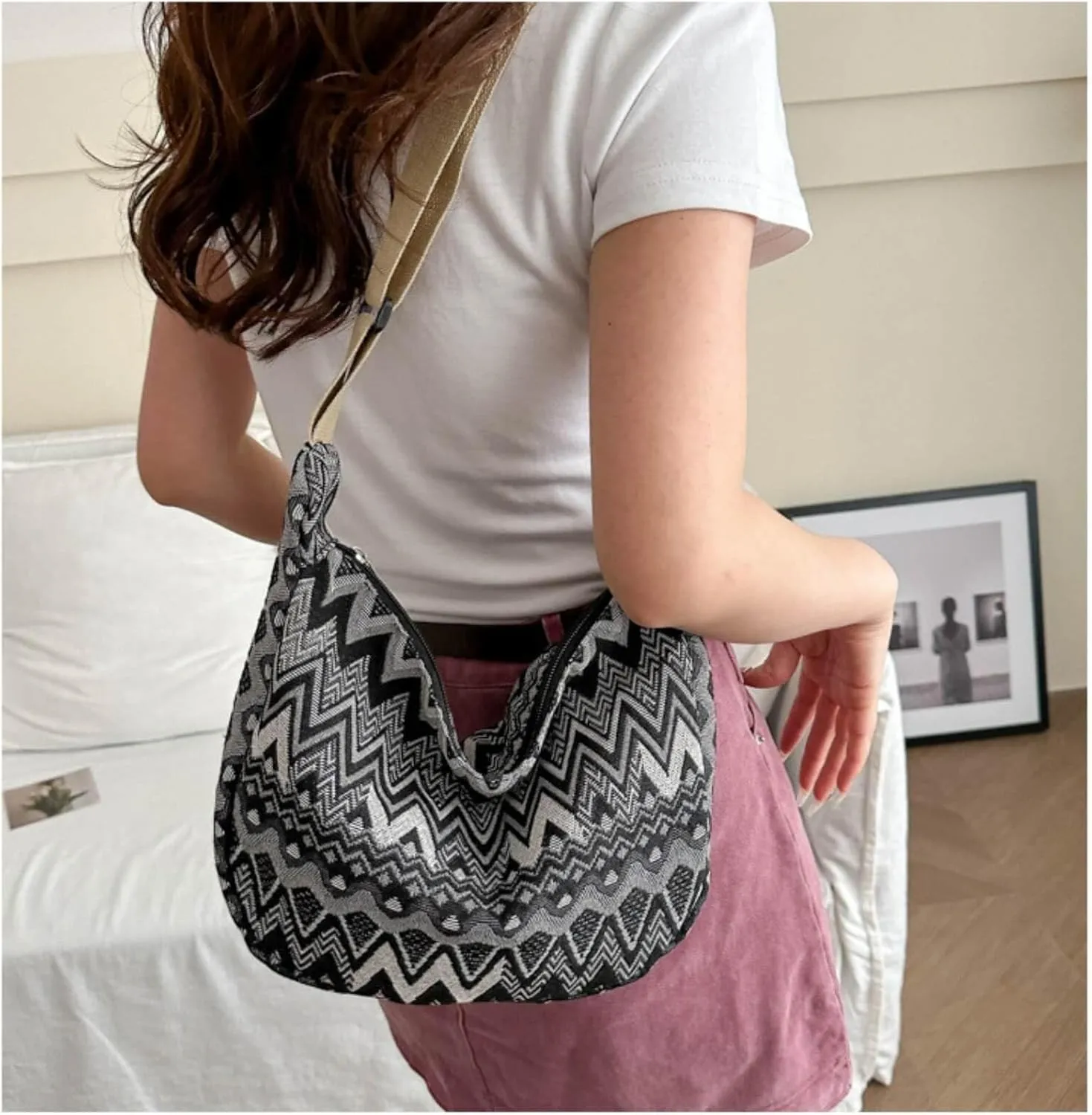 Crescent Crossbody Bag for Women, 2024 Nylon Bohemian Hobo Hippie Gothic Purse, Boho Sling Shoulder Bag for Shopping Work