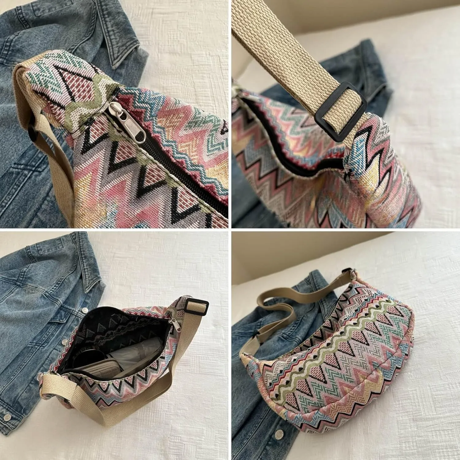 Crescent Crossbody Bag for Women, 2024 Nylon Bohemian Hobo Hippie Gothic Purse, Boho Sling Shoulder Bag for Shopping Work