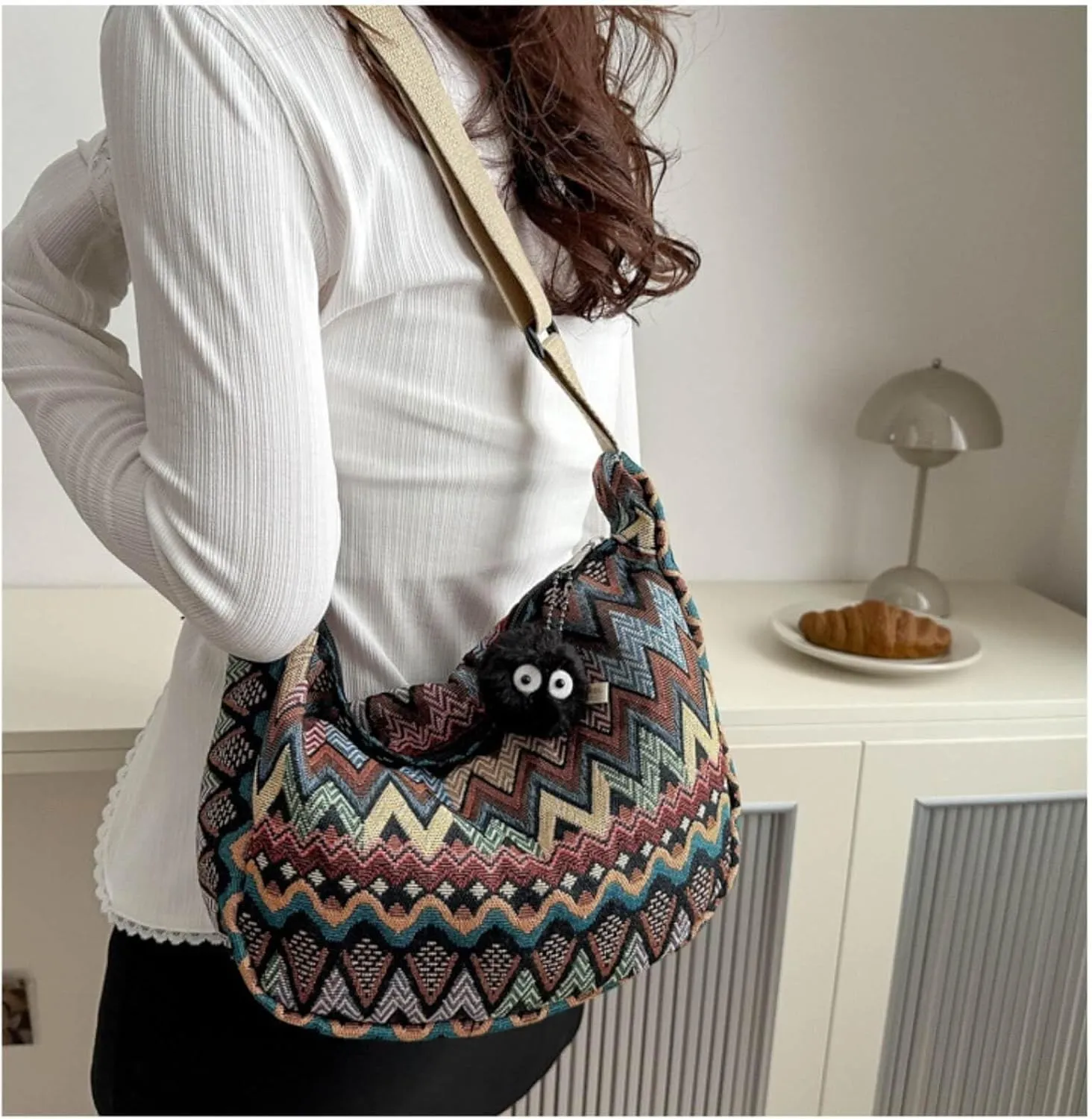 Crescent Crossbody Bag for Women, 2024 Nylon Bohemian Hobo Hippie Gothic Purse, Boho Sling Shoulder Bag for Shopping Work
