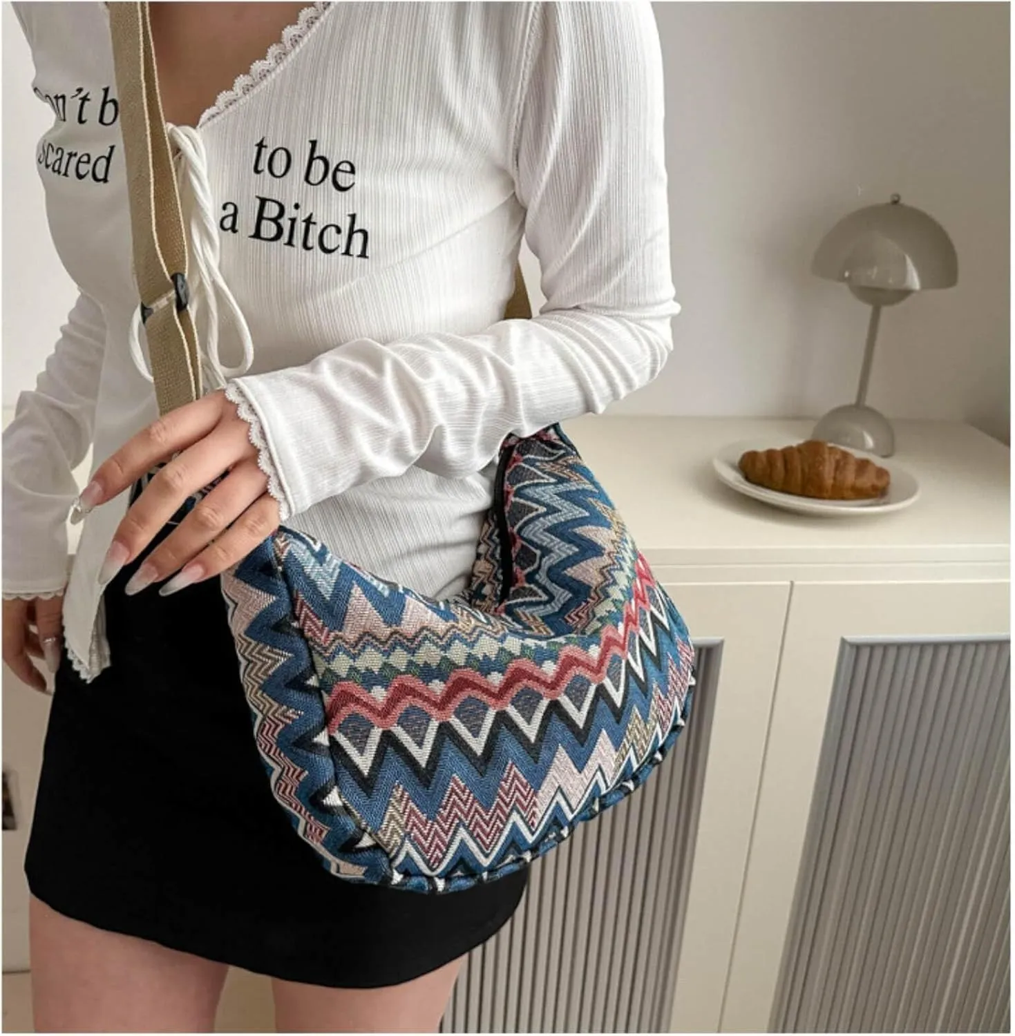 Crescent Crossbody Bag for Women, 2024 Nylon Bohemian Hobo Hippie Gothic Purse, Boho Sling Shoulder Bag for Shopping Work