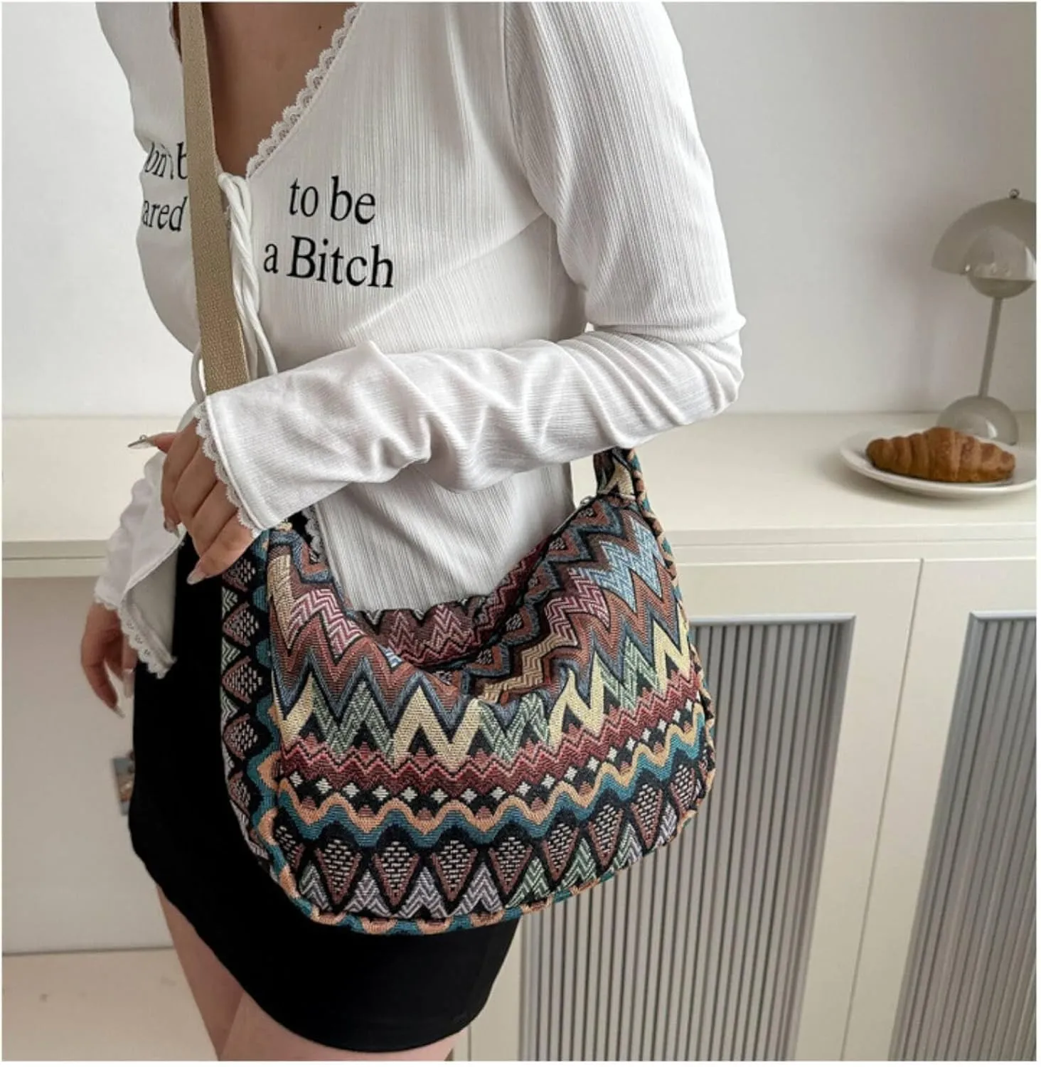 Crescent Crossbody Bag for Women, 2024 Nylon Bohemian Hobo Hippie Gothic Purse, Boho Sling Shoulder Bag for Shopping Work