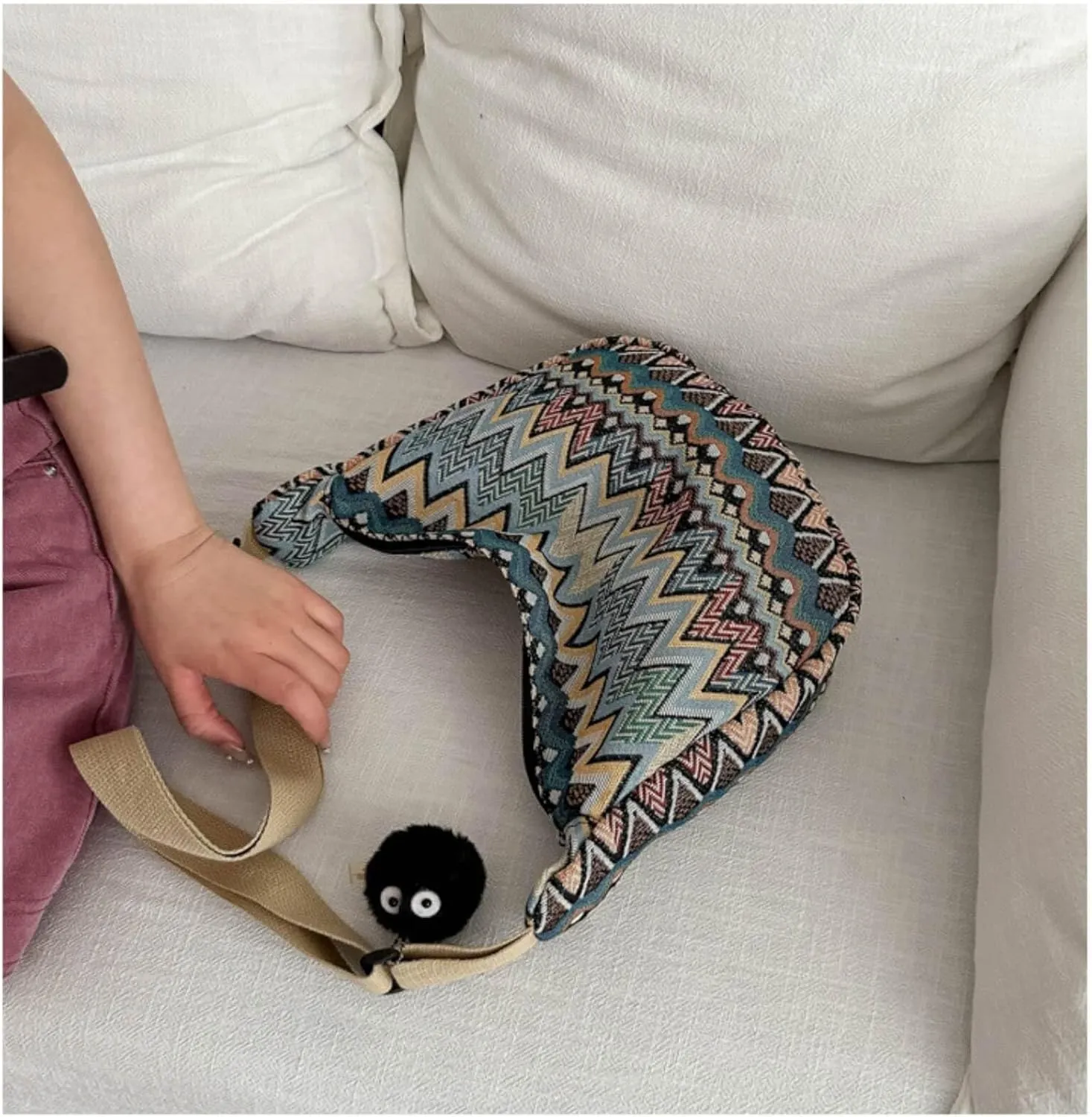 Crescent Crossbody Bag for Women, 2024 Nylon Bohemian Hobo Hippie Gothic Purse, Boho Sling Shoulder Bag for Shopping Work