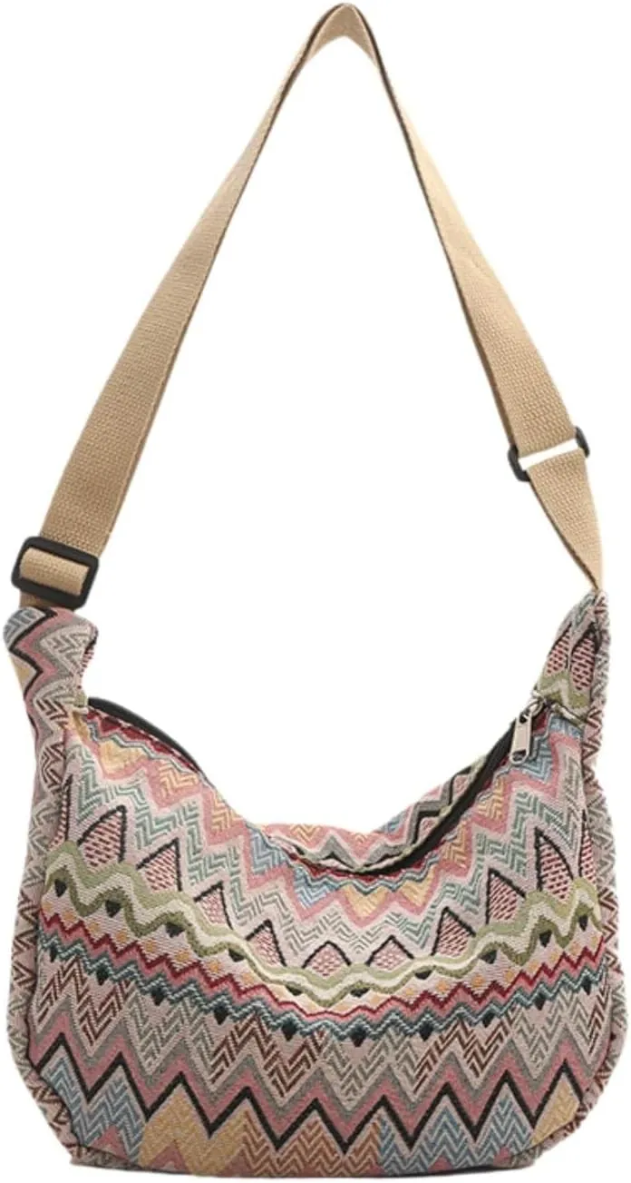Crescent Crossbody Bag for Women, 2024 Nylon Bohemian Hobo Hippie Gothic Purse, Boho Sling Shoulder Bag for Shopping Work