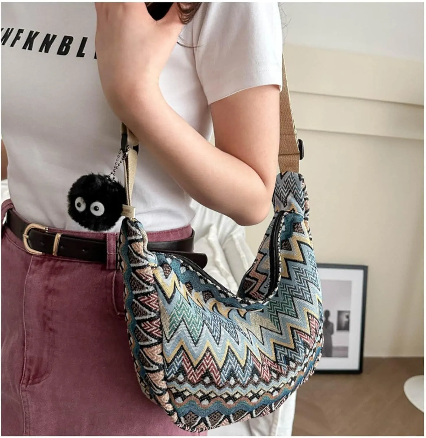 Crescent Crossbody Bag for Women, 2024 Nylon Bohemian Hobo Hippie Gothic Purse, Boho Sling Shoulder Bag for Shopping Work