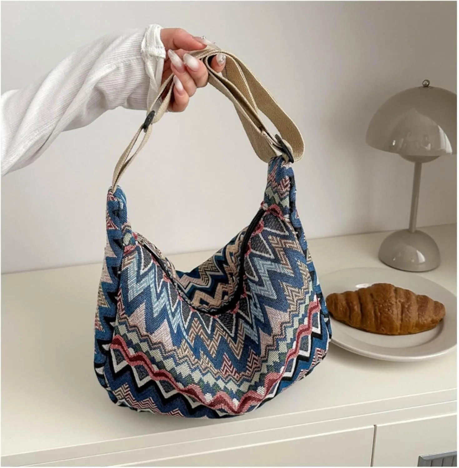 Crescent Crossbody Bag for Women, 2024 Nylon Bohemian Hobo Hippie Gothic Purse, Boho Sling Shoulder Bag for Shopping Work
