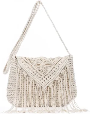 Crochet Tassel Shoulder Bag Handwoven Fringed Purse White Purse Summer Beach Bag Ethnic Boho Tassel Purse