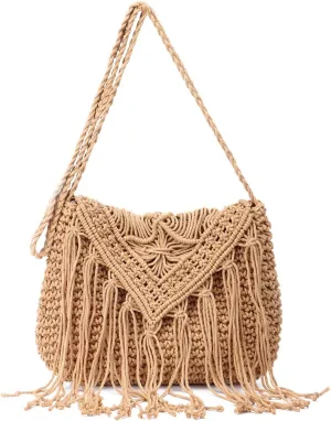 Crochet Tassel Shoulder Bag Handwoven Fringed Purse White Purse Summer Beach Bag Ethnic Boho Tassel Purse