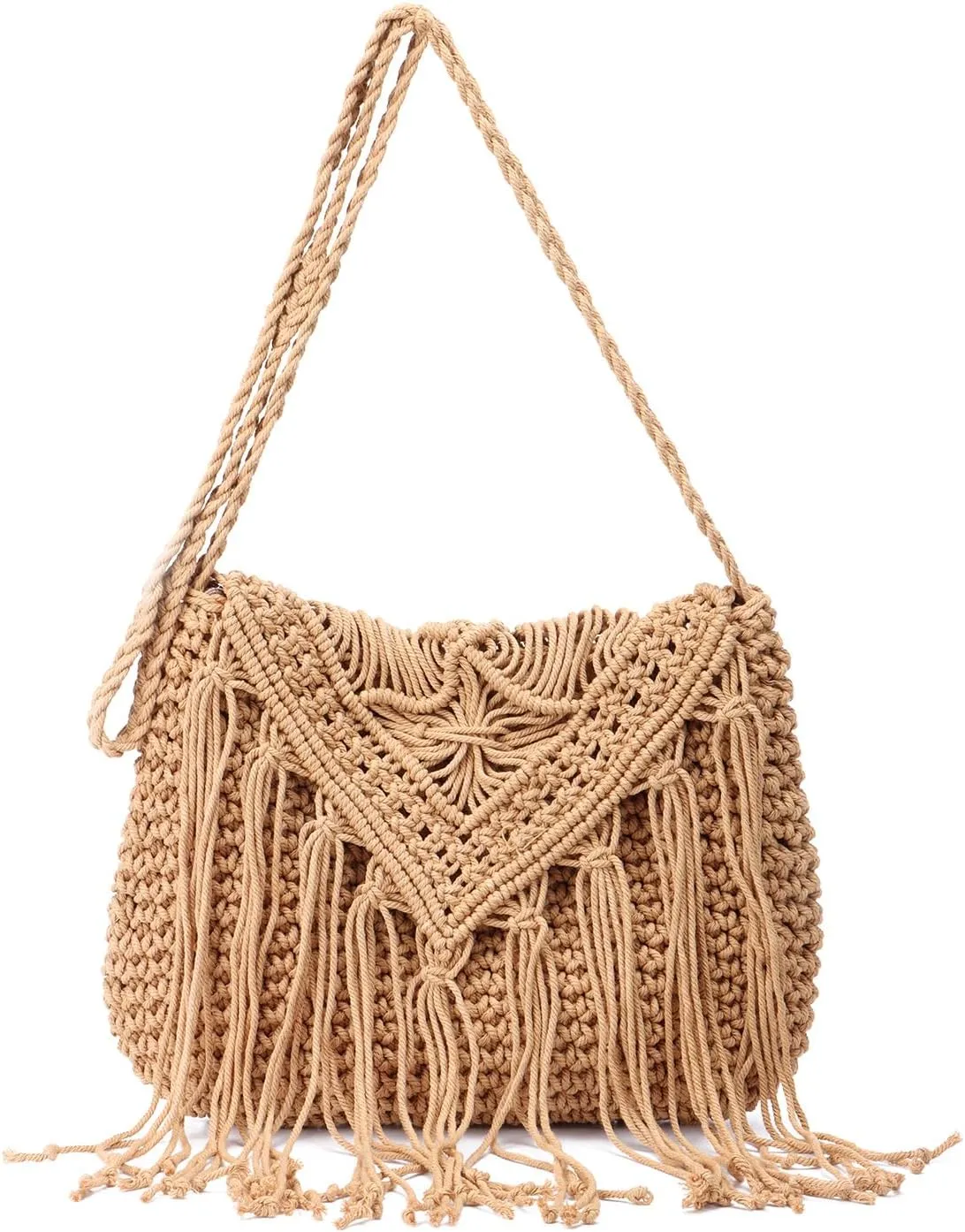 Crochet Tassel Shoulder Bag Handwoven Fringed Purse White Purse Summer Beach Bag Ethnic Boho Tassel Purse