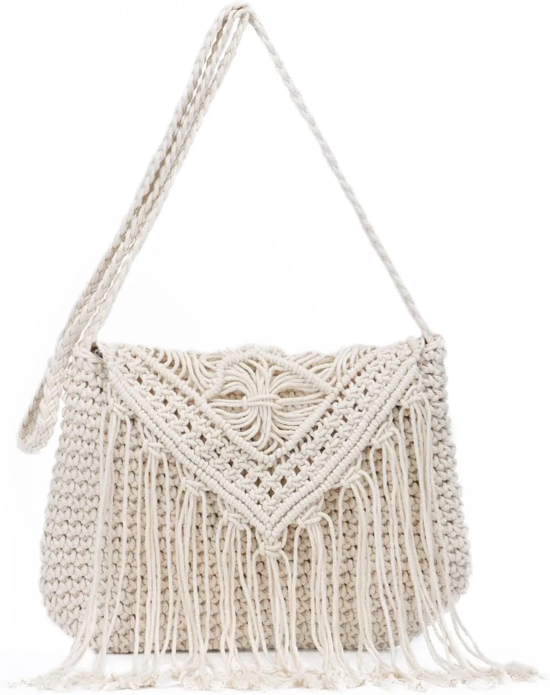 Crochet Tassel Shoulder Bag Handwoven Fringed Purse White Purse Summer Beach Bag Ethnic Boho Tassel Purse