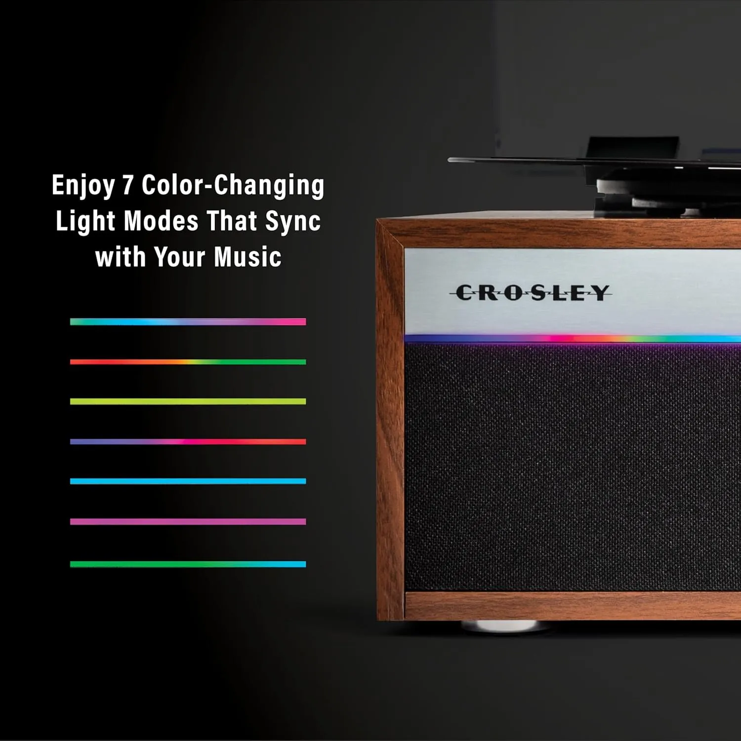 Crosley CR6048A-WA Strobe Bluetooth Vinyl Record Player with Music Sync Color Changing LED Lights, Walnut