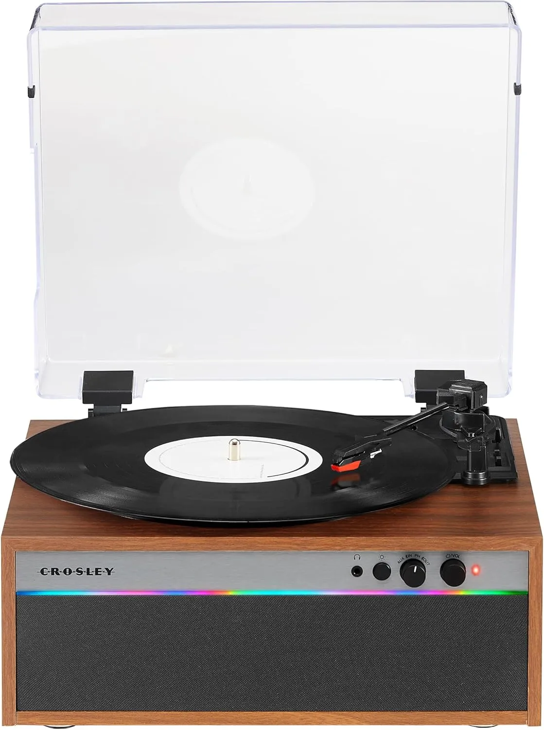 Crosley CR6048A-WA Strobe Bluetooth Vinyl Record Player with Music Sync Color Changing LED Lights, Walnut
