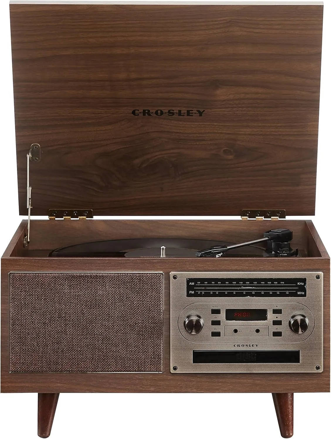 Crosley CR7023A-WA Serenade 8-in-1 Vinyl Record Player with 3-Speed Turntable, Bluetooth, AM/FM Radio, CD, Cassette, and Aux-in, Walnut