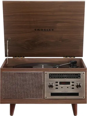 Crosley CR7023A-WA Serenade 8-in-1 Vinyl Record Player with 3-Speed Turntable, Bluetooth, AM/FM Radio, CD, Cassette, and Aux-in, Walnut