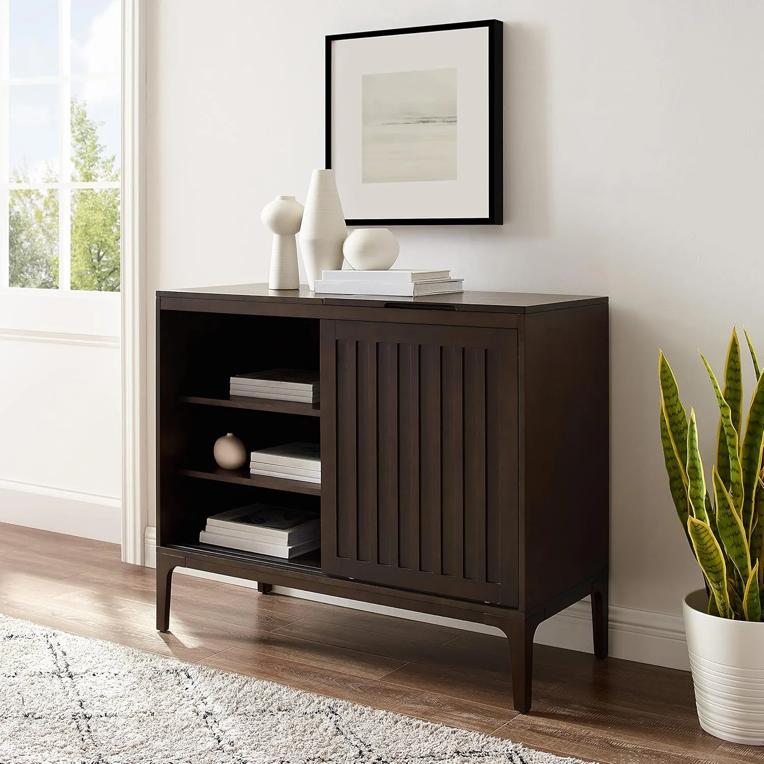 Crosley Furniture Asher Media Console and Record Player Stand with Storage for Vinyl Records, Dark Brown