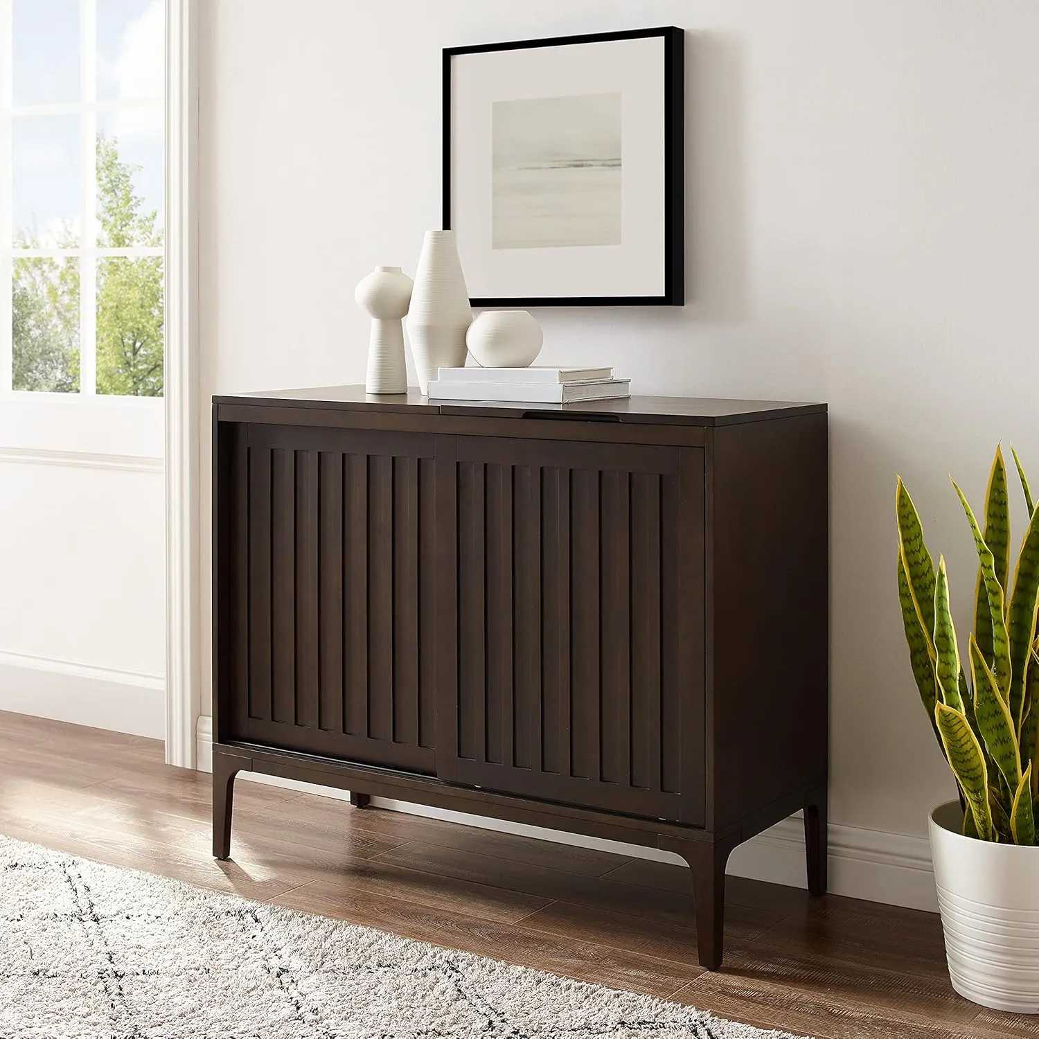 Crosley Furniture Asher Media Console and Record Player Stand with Storage for Vinyl Records, Dark Brown