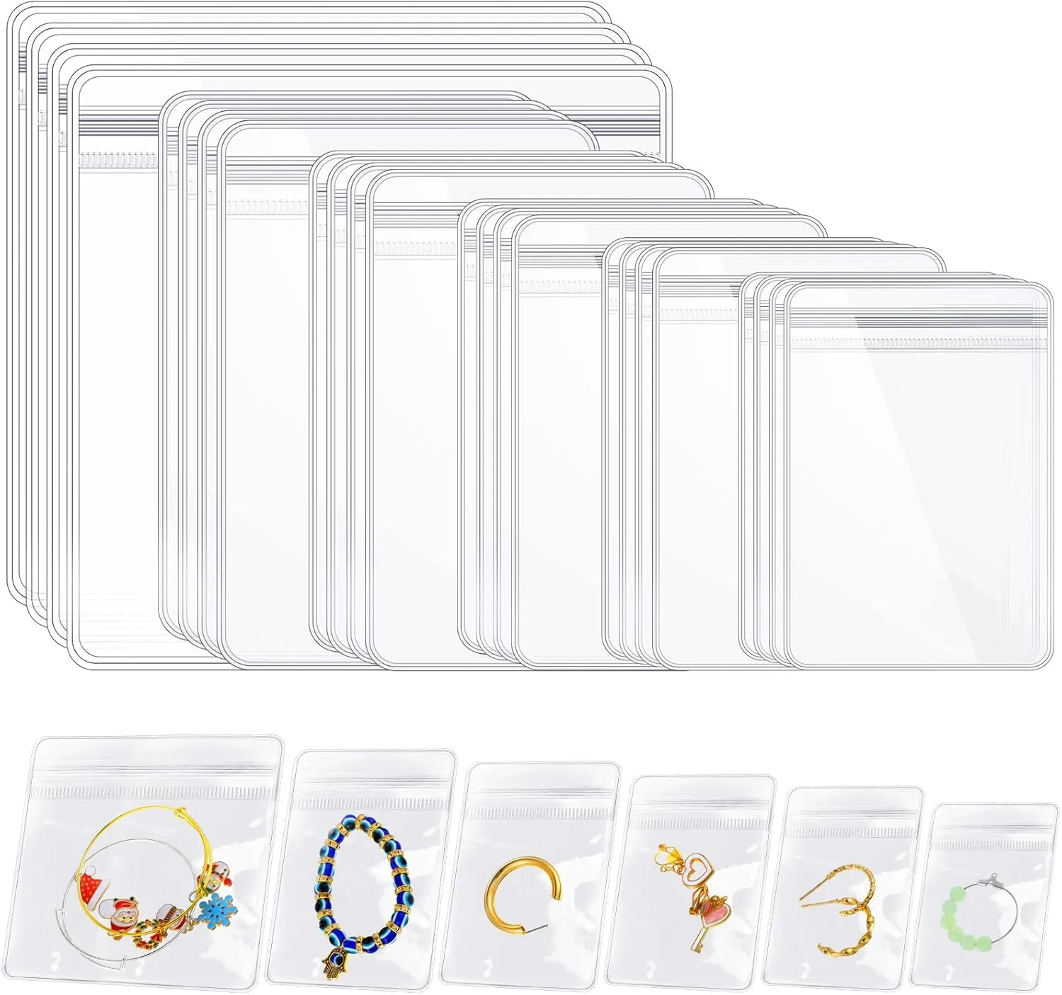 Crtiin 180 Pcs Clear PVC Jewelry Bags Plastic Anti Tarnish Jewelry Storage Bags Thick Zipper Bags Transparent Resealable Poly and Plastic Packaging Bags for Travel Storage Earrings, 6 Sizes