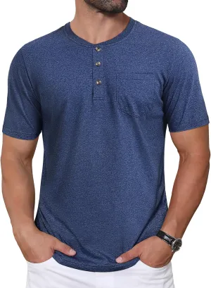 CRYSULLY Men's Henley Shirt Short Sleeve Cotton T-Shirts Pocket 3 Button Tops Lightweight Casual Basic Tee