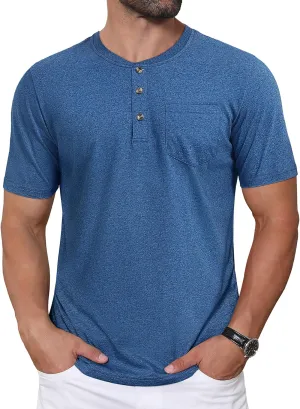 CRYSULLY Men's Henley Shirt Short Sleeve Cotton T-Shirts Pocket 3 Button Tops Lightweight Casual Basic Tee