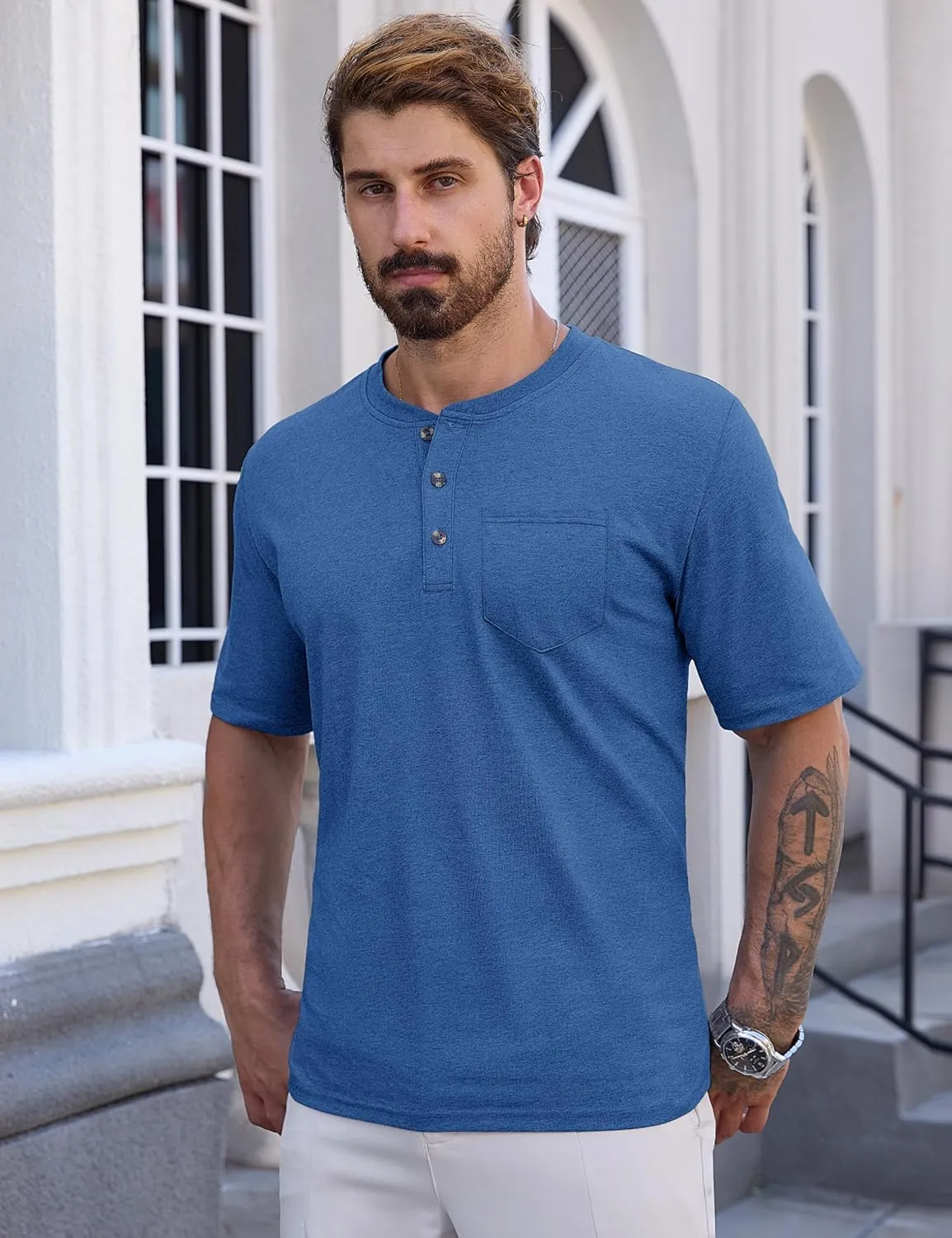CRYSULLY Men's Henley Shirt Short Sleeve Cotton T-Shirts Pocket 3 Button Tops Lightweight Casual Basic Tee