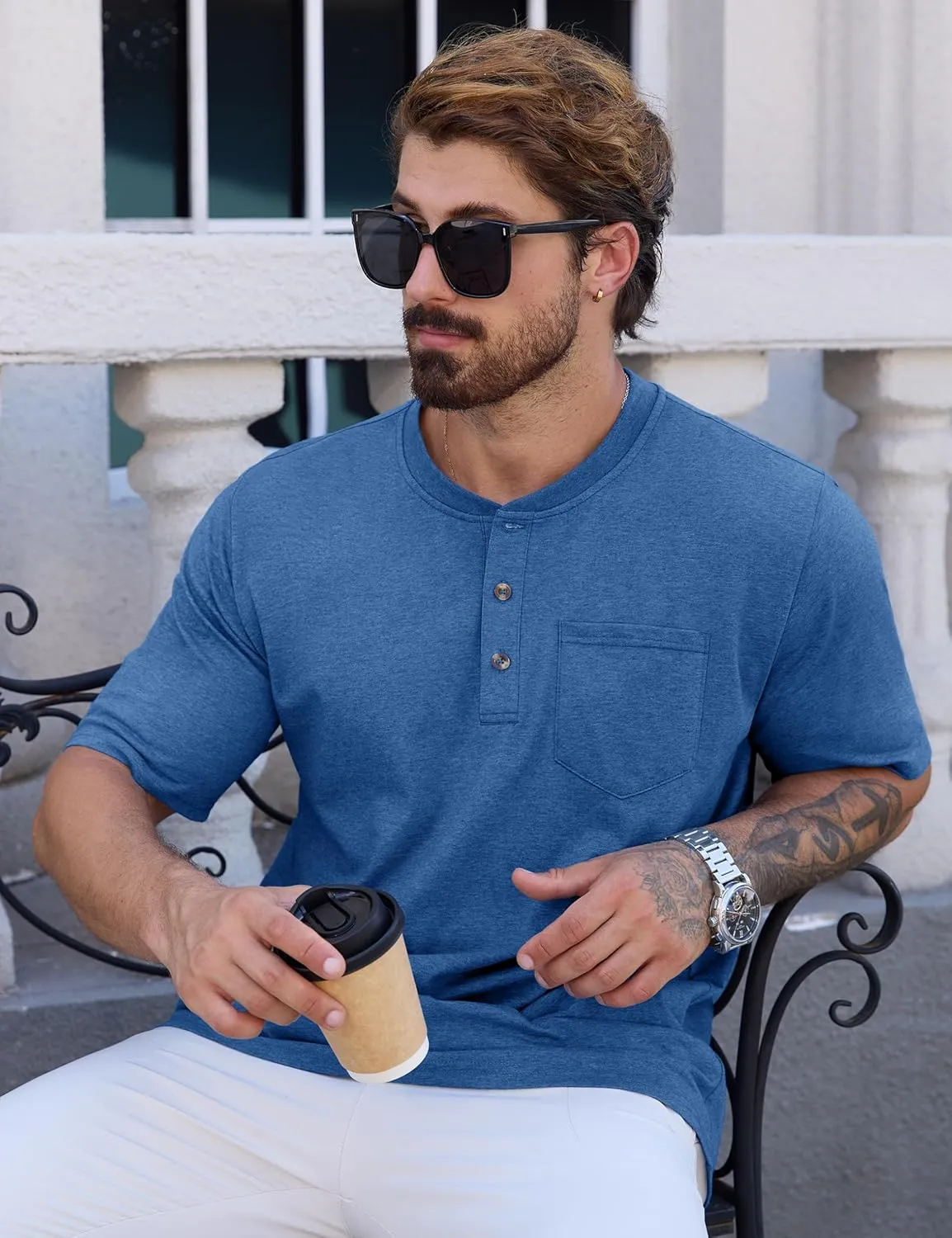 CRYSULLY Men's Henley Shirt Short Sleeve Cotton T-Shirts Pocket 3 Button Tops Lightweight Casual Basic Tee